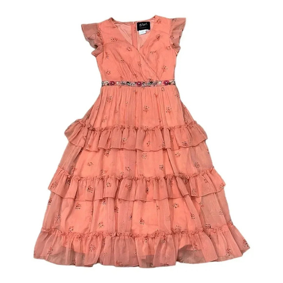 Mac Duggal Apricot Floral Print Ruffle Tiered Cottagecore Midi Dress 2 - Picture 2 of 5